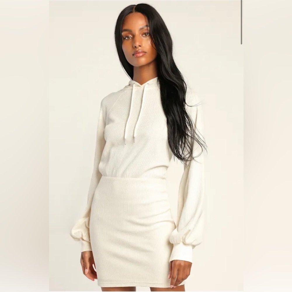 Lulu’s Upbeat Energy Cream Waffle Knit Hooded Sweatshirt Dress